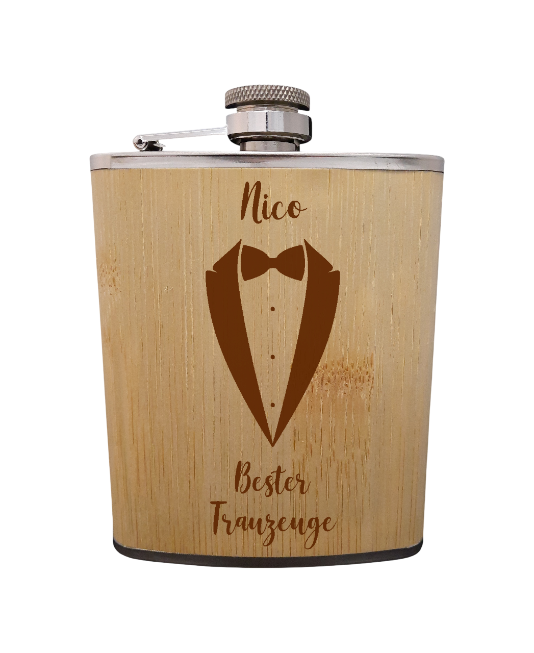 Bambusholz ummantelter Flachmann aus Edelstahl 200 ml individuell gestaltbar